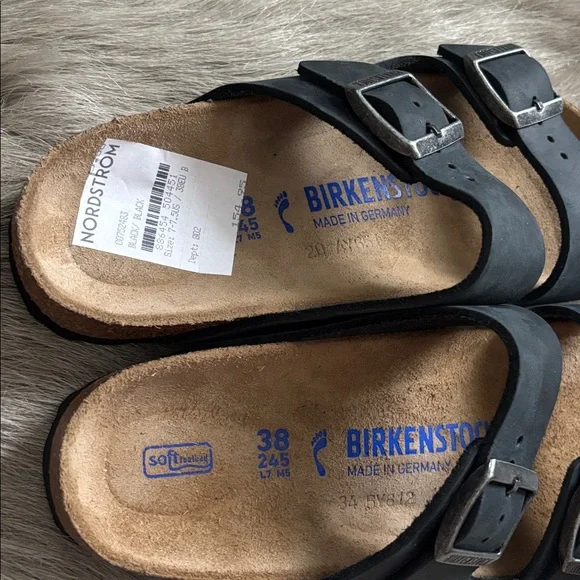 NEW Birkenstock Arizona black oiled leather sandals soft footbed 38 narrow - Picture 3 of 7